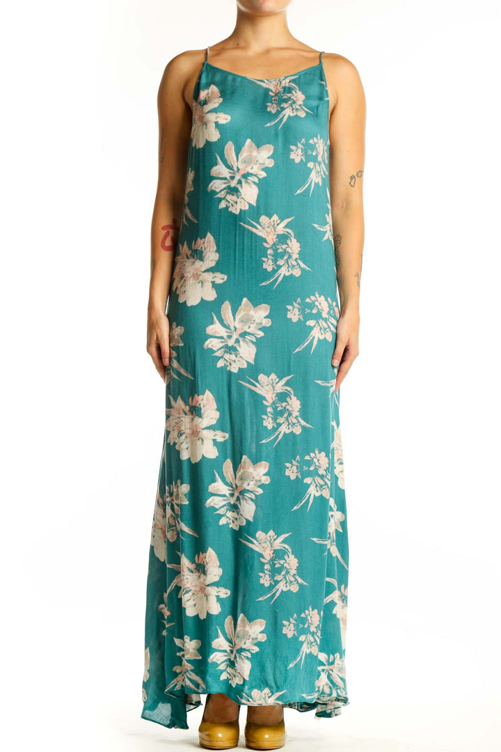 Teal rayon maxi dress with cream floral botanical prints, spaghetti straps, front view