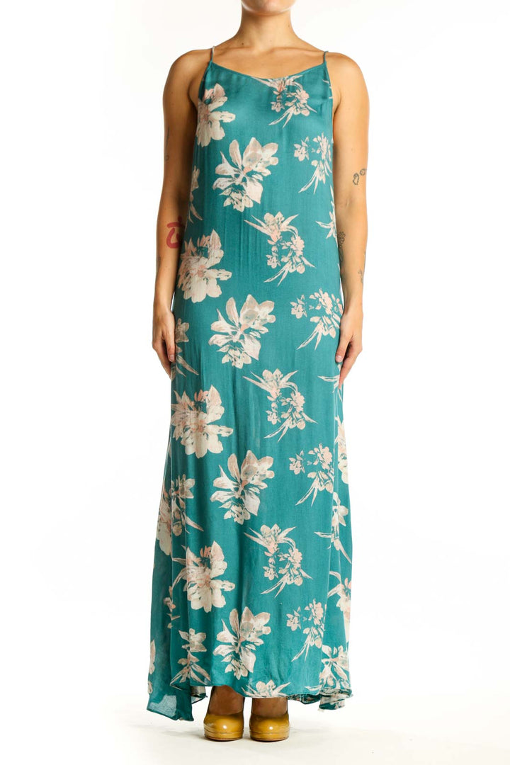 Teal rayon maxi dress with cream floral botanical prints, spaghetti straps, front view