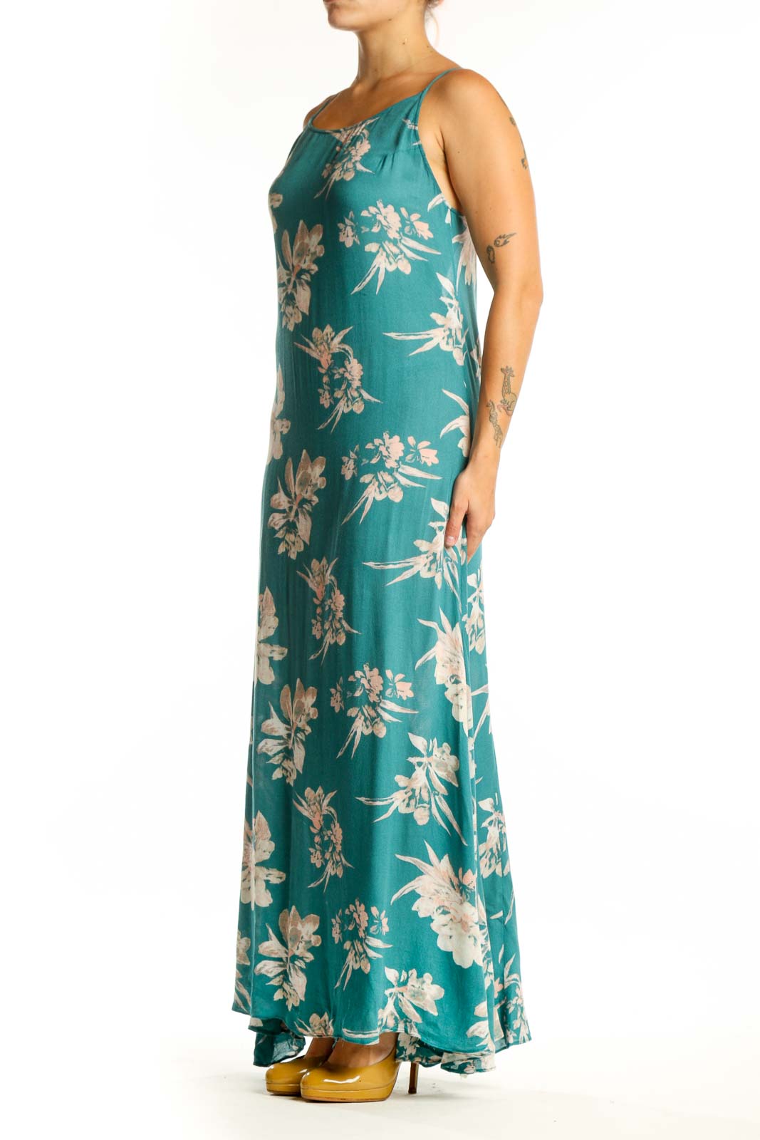 Teal rayon maxi dress with cream floral botanical prints, spaghetti straps, front view