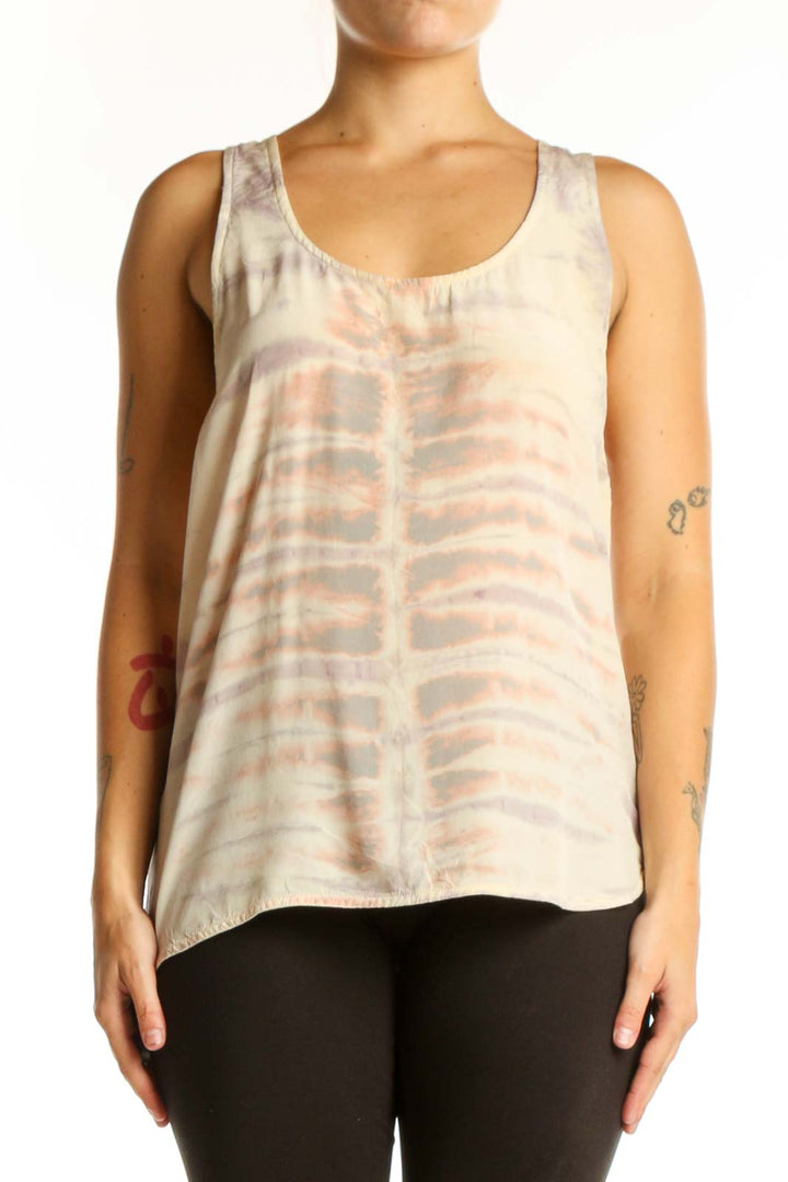 Cream tie-dye silk tank top with scoop neckline, front view on model