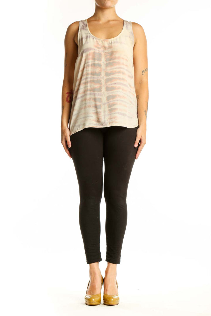 Cream tie-dye silk tank top with scoop neckline, front view on model