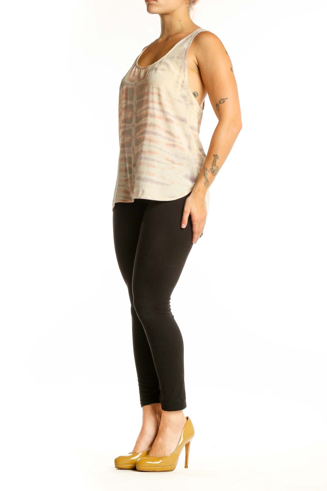 Cream tie-dye silk tank top with scoop neckline, front view on model