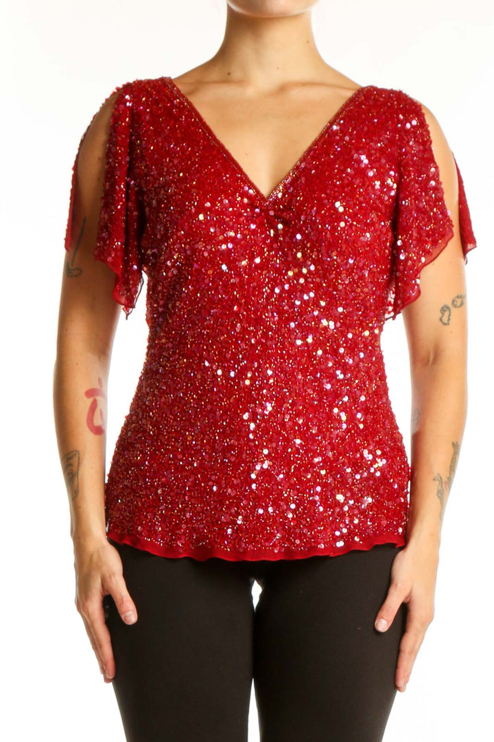 Red sequin cold shoulder top with flutter sleeves and V-neckline by Papell Boutique, front view