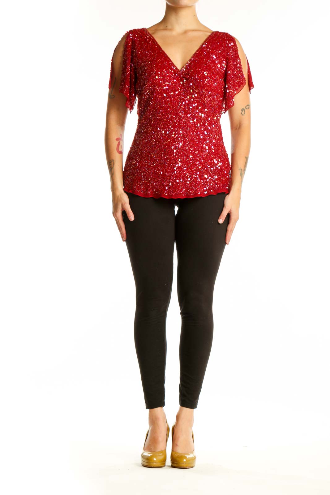 Red sequin cold shoulder top with flutter sleeves and V-neckline by Papell Boutique, front view