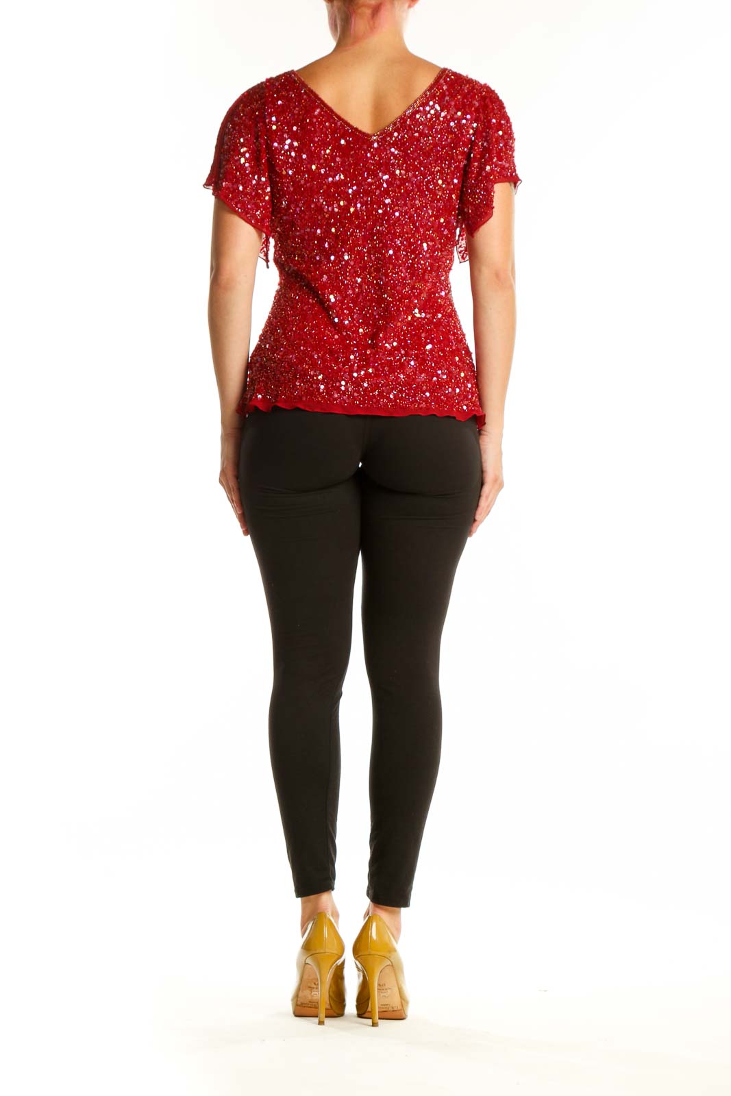 Red sequin cold shoulder top with flutter sleeves by Papell Boutique, back view