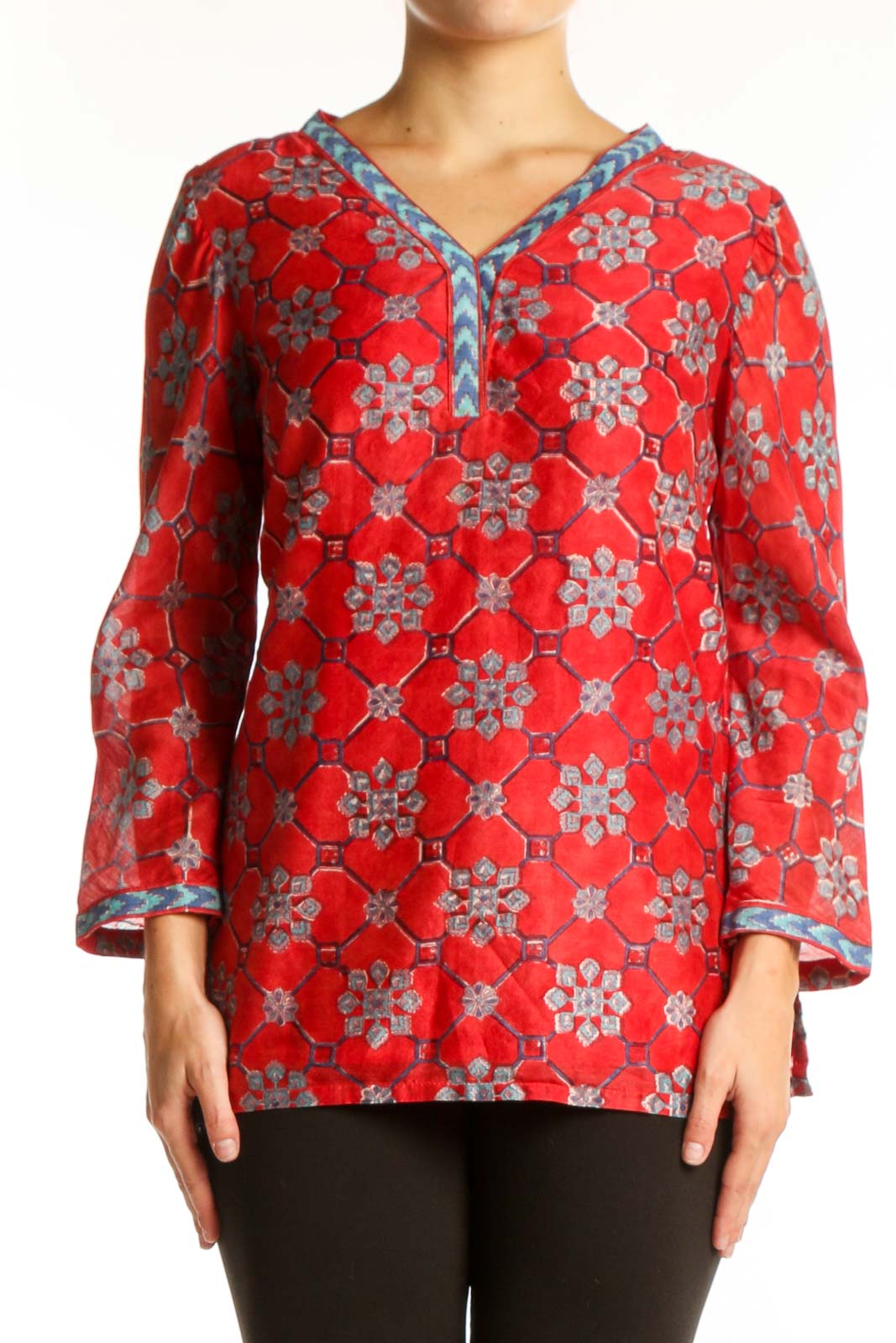 Red floral cotton silk tunic top with V-neckline and bell sleeves by Fabindia, front view
