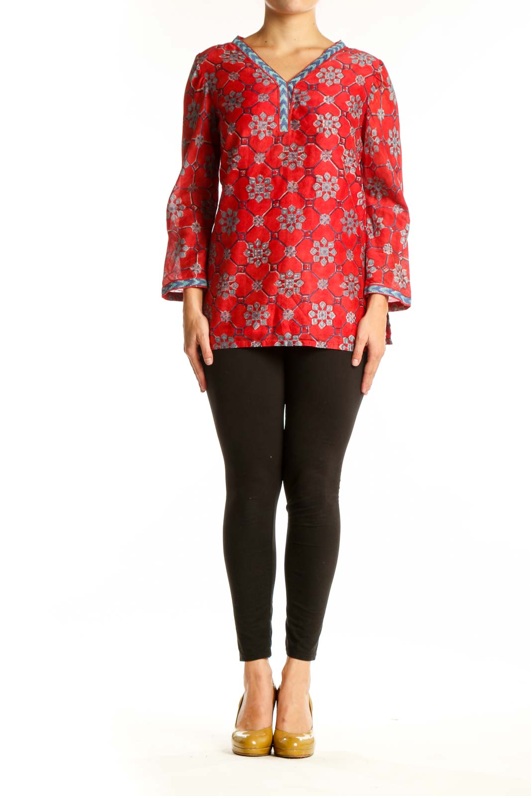 Red floral cotton silk tunic top with V-neckline and bell sleeves by Fabindia, front view