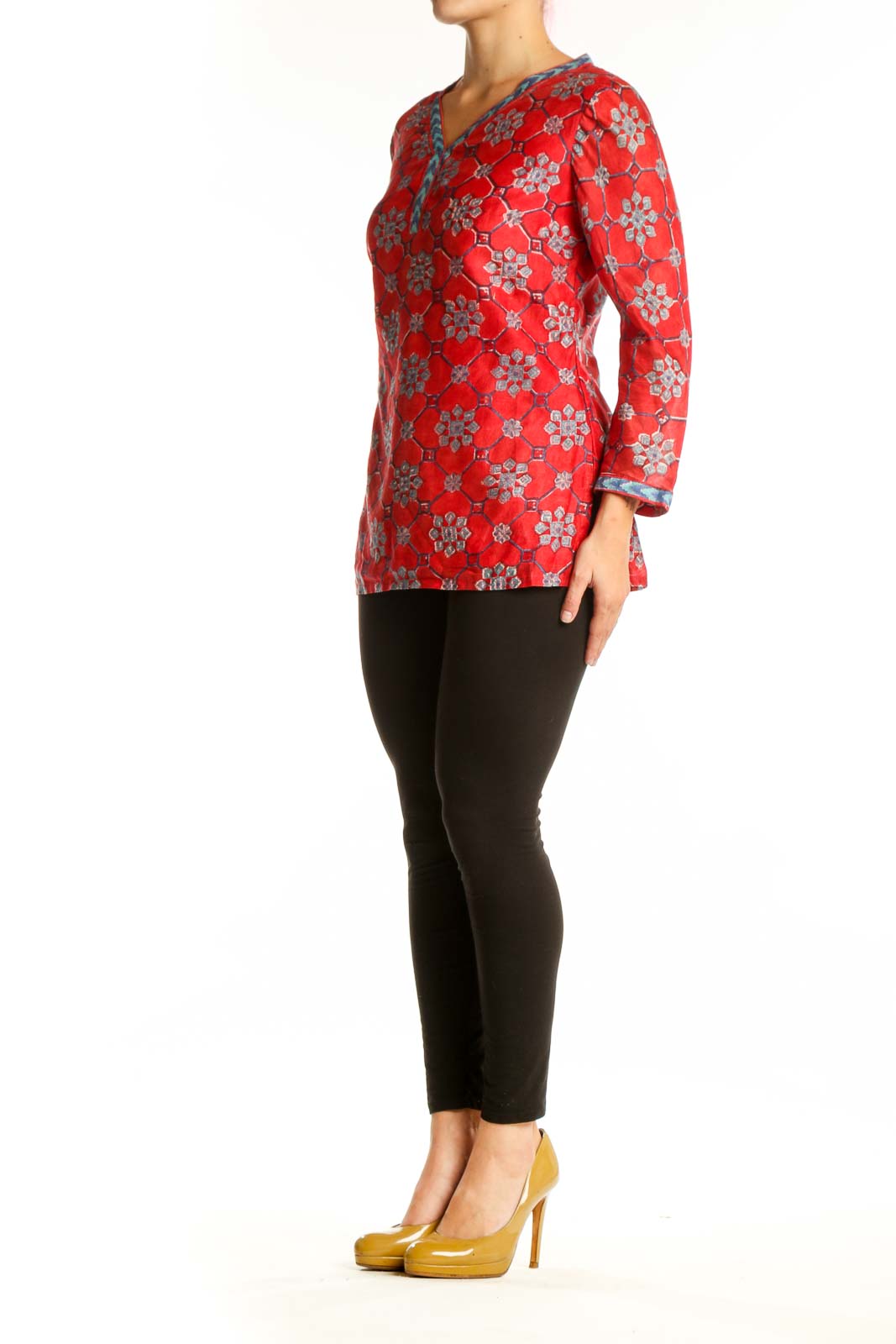 Red floral cotton silk tunic top with V-neckline and bell sleeves by Fabindia, front view