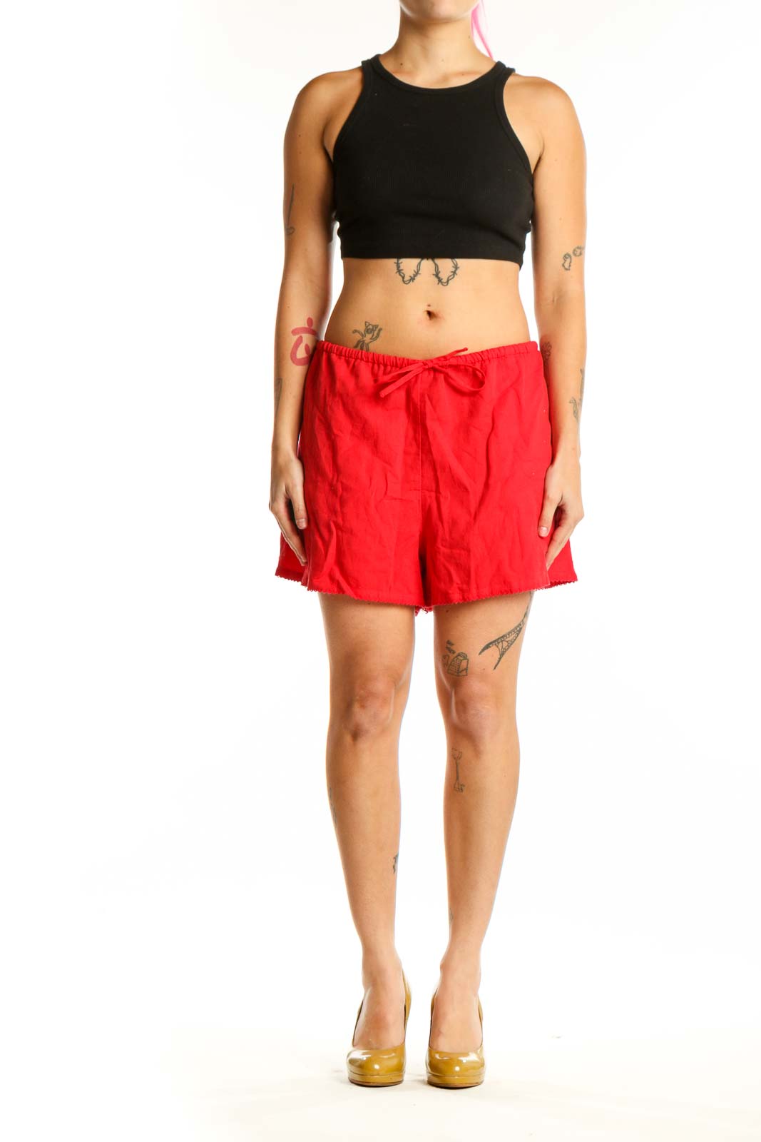 Beach Riot red linen cotton drawstring shorts front view, size XL