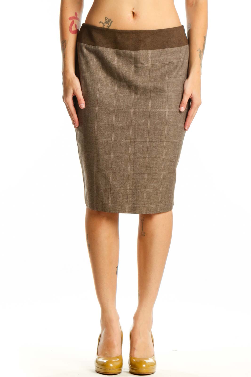 Brown pencil skirt with contrasting dark brown waistband, front view on model