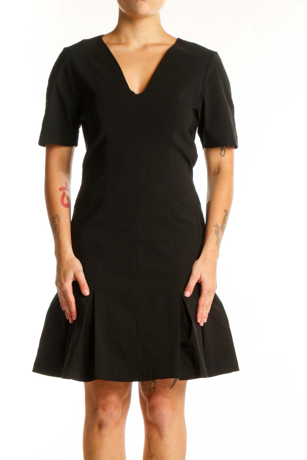 Black fit and flare dress with V-neckline and short sleeves, front view