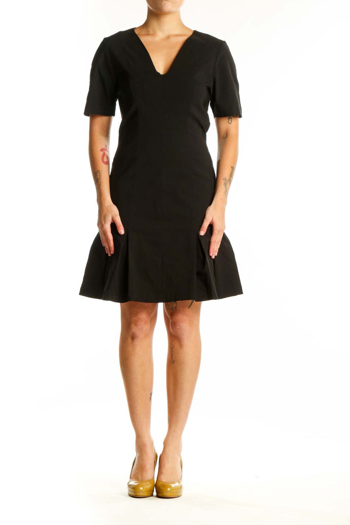 Black fit and flare dress with V-neckline and short sleeves, front view