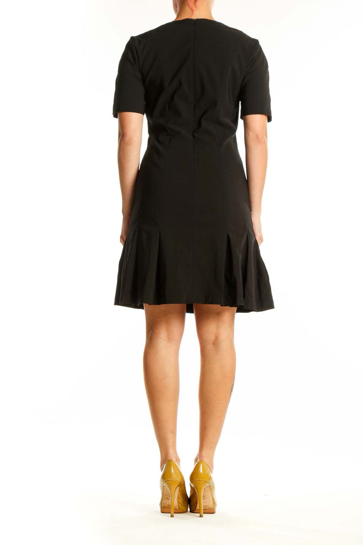 Black fit and flare dress with V-neckline and short sleeves, back view