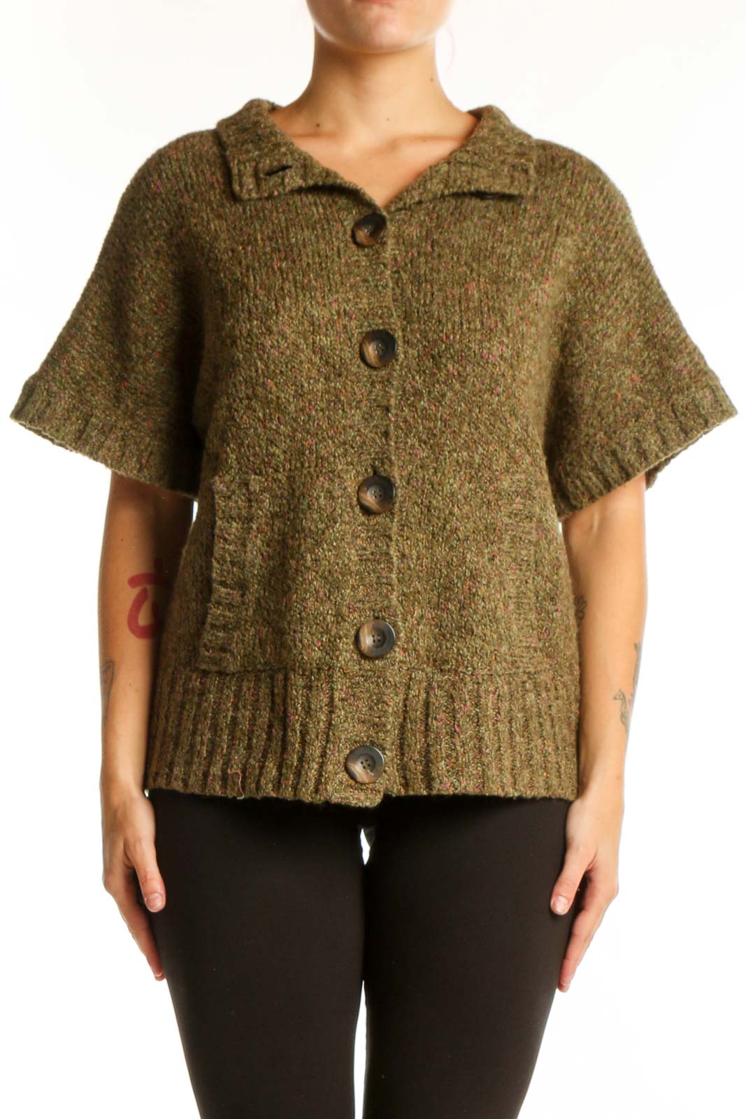 Olive green Charter Club knit cardigan with collared neckline and button-front closure, worn on model