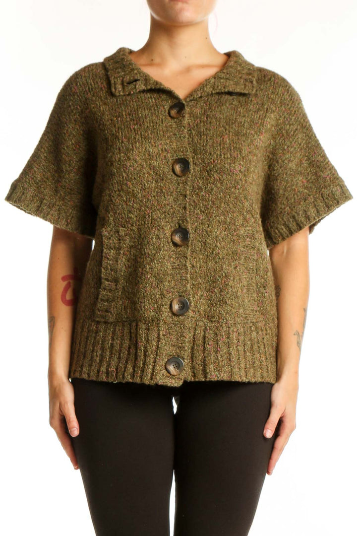 Olive green Charter Club knit cardigan with collared neckline and button-front closure, worn on model