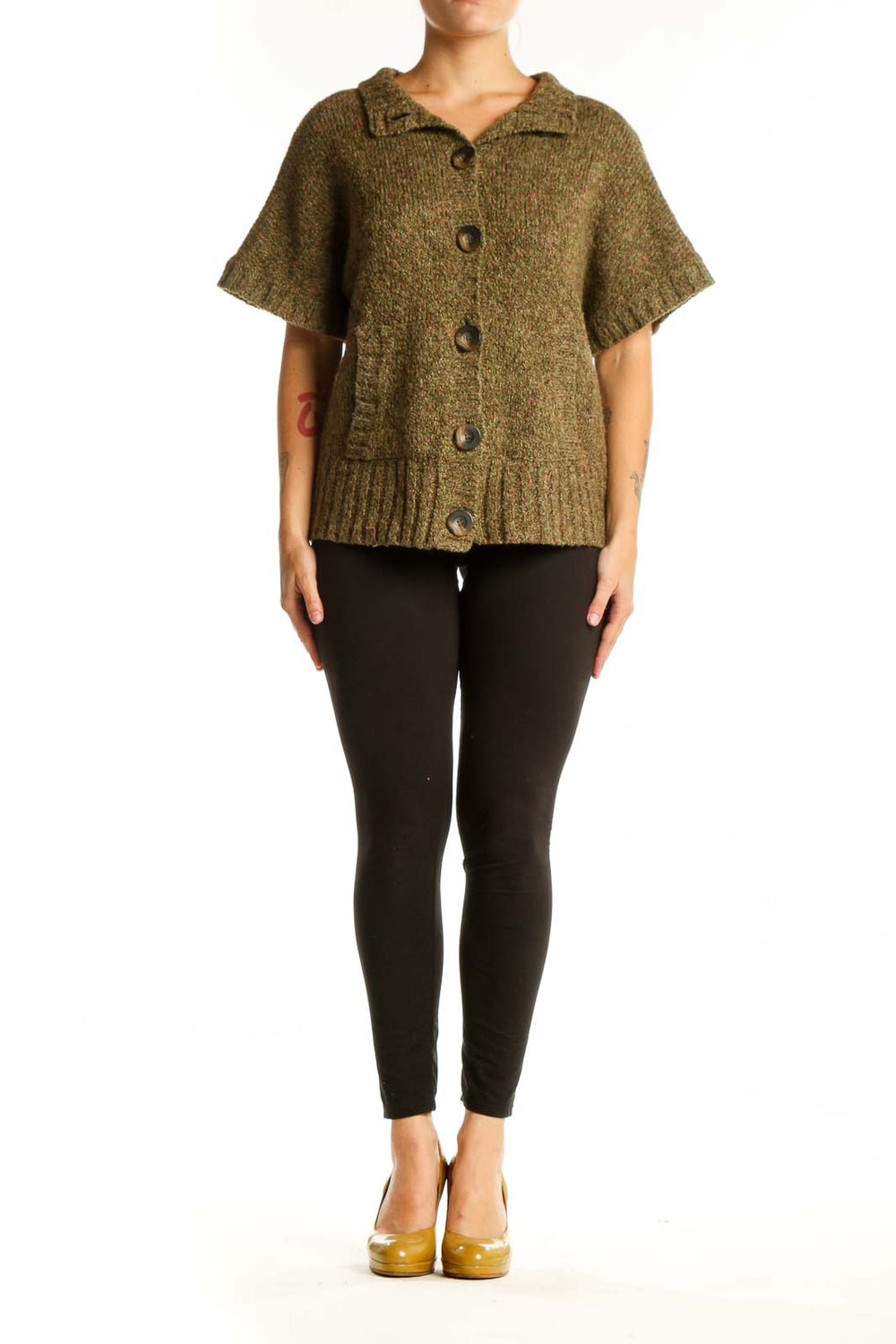 Olive green Charter Club knit cardigan with collared neckline and button-front closure, worn on model