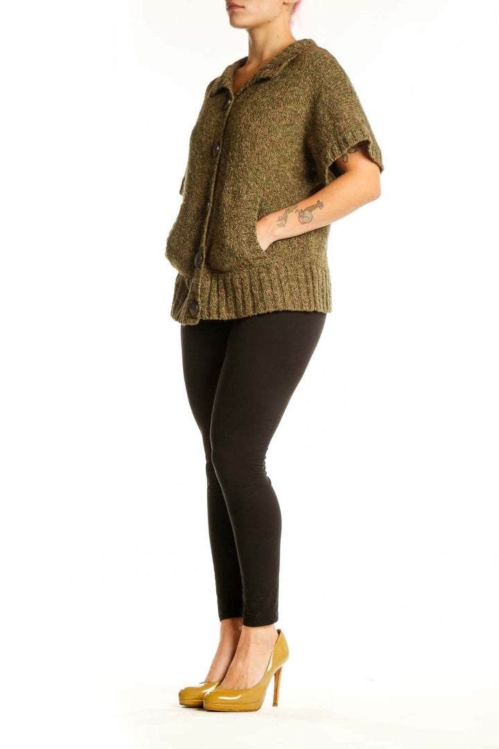 Olive green Charter Club knit cardigan with collared neckline and button-front closure, worn on model