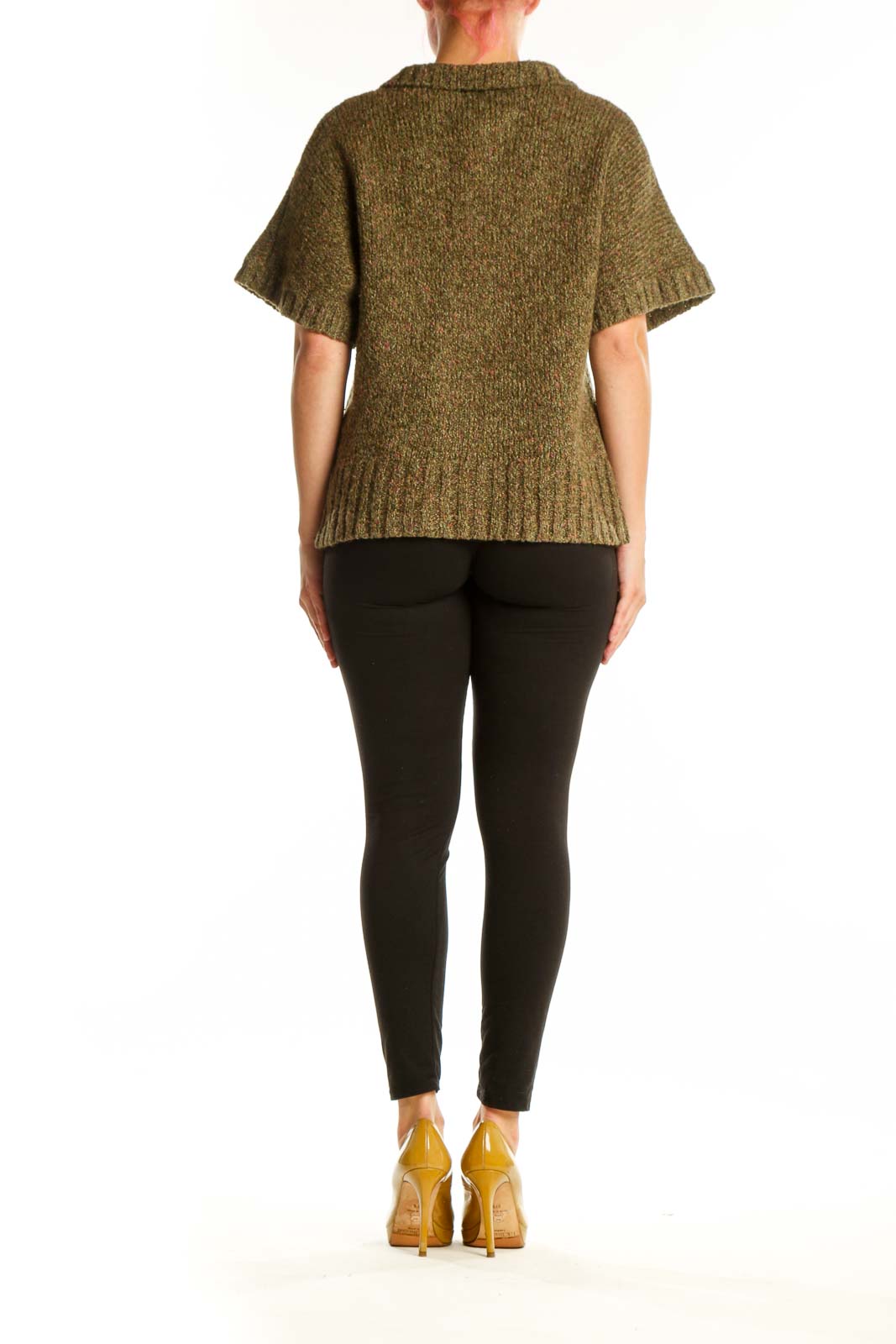 Back view of olive green knit cardigan showing relaxed fit and ribbed hem detail