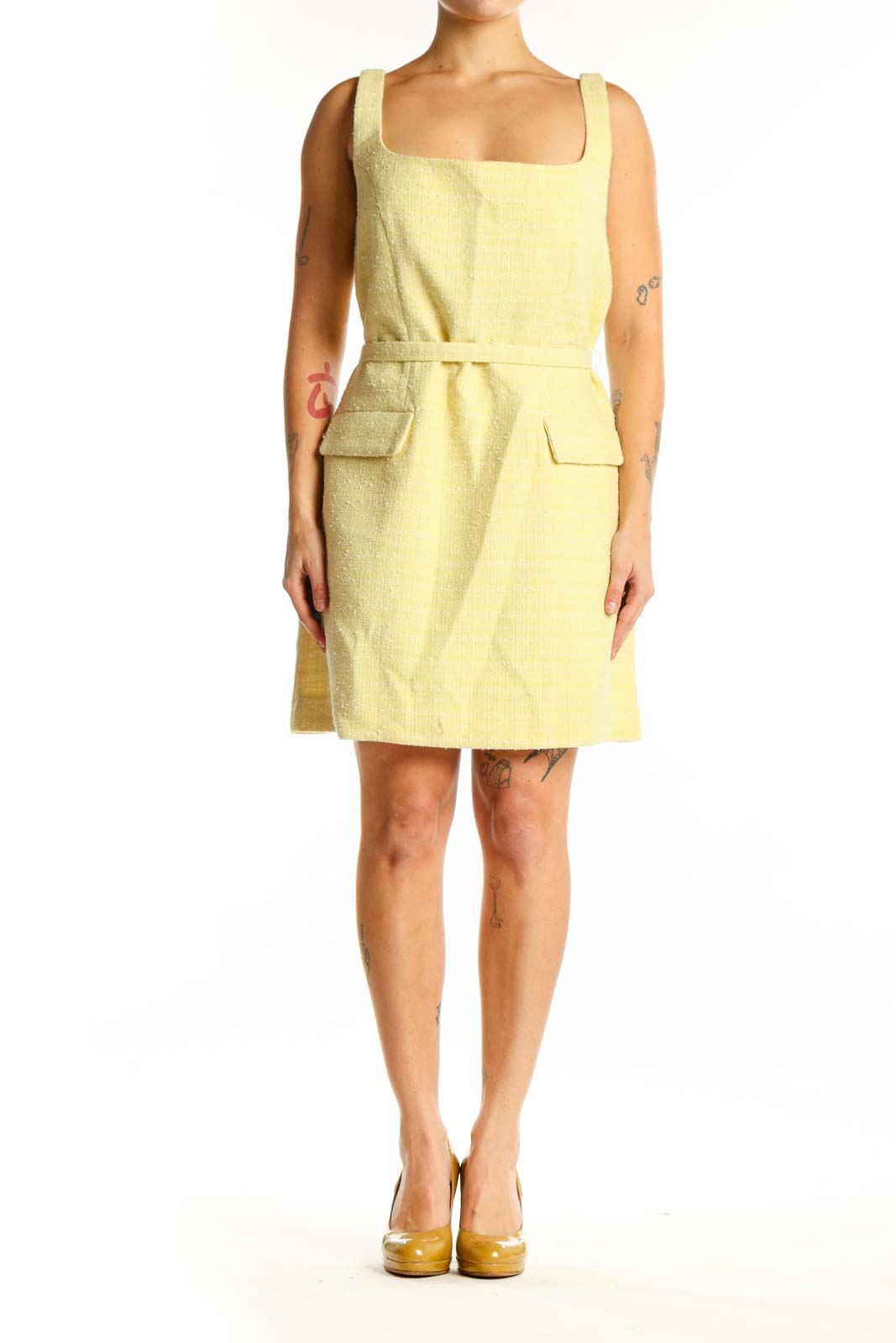 Yellow square neck sleeveless dress with patch pockets and cinched waist, front view