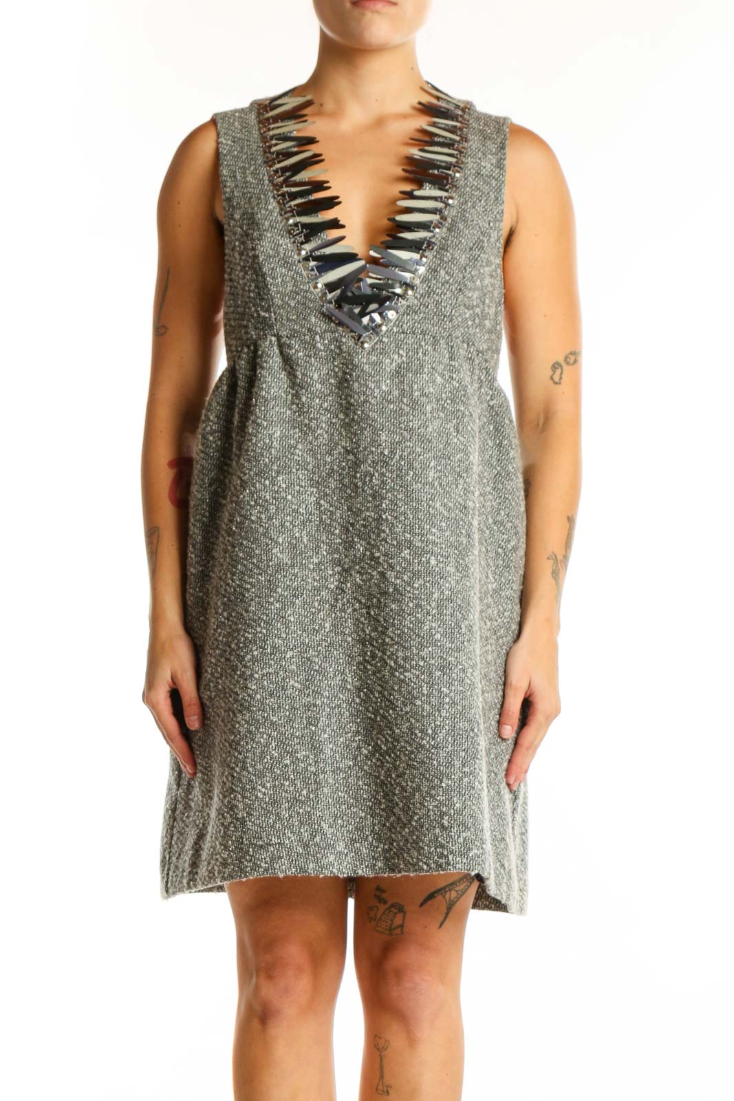Anna Sui gray wool blend sleeveless dress with black ruffle V-neckline trim, front view