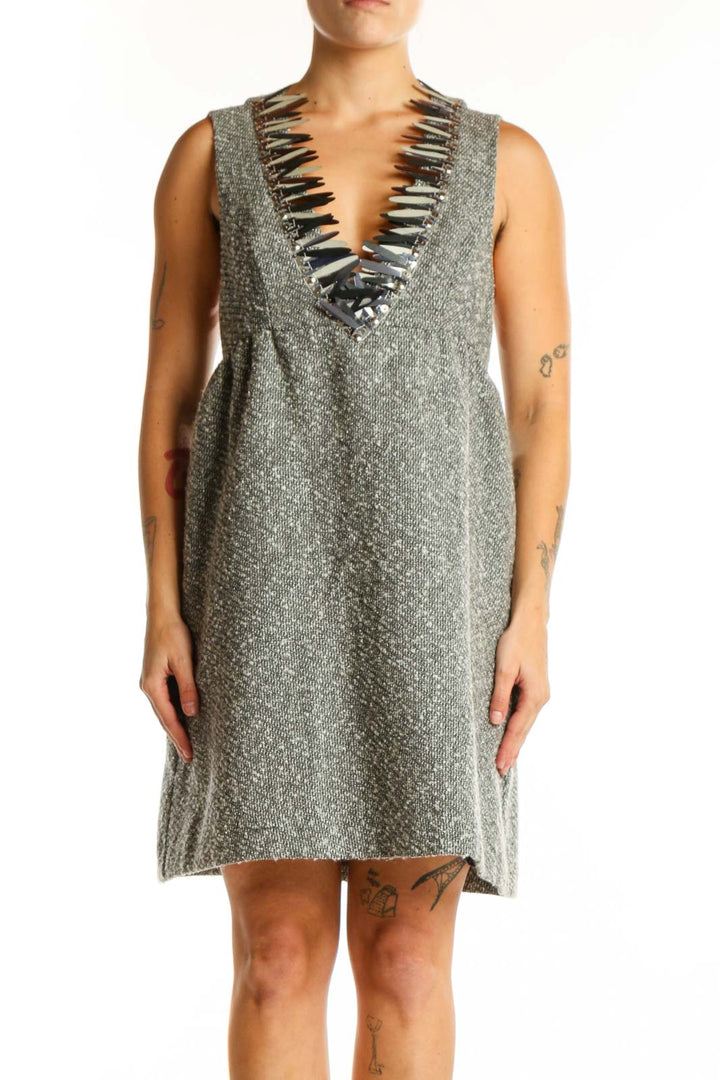 Anna Sui gray wool blend sleeveless dress with black ruffle V-neckline trim, front view