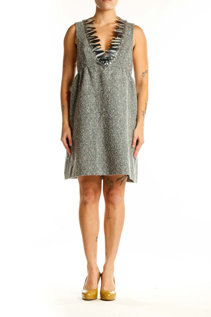 Anna Sui gray wool blend sleeveless dress with black ruffle V-neckline trim, front view