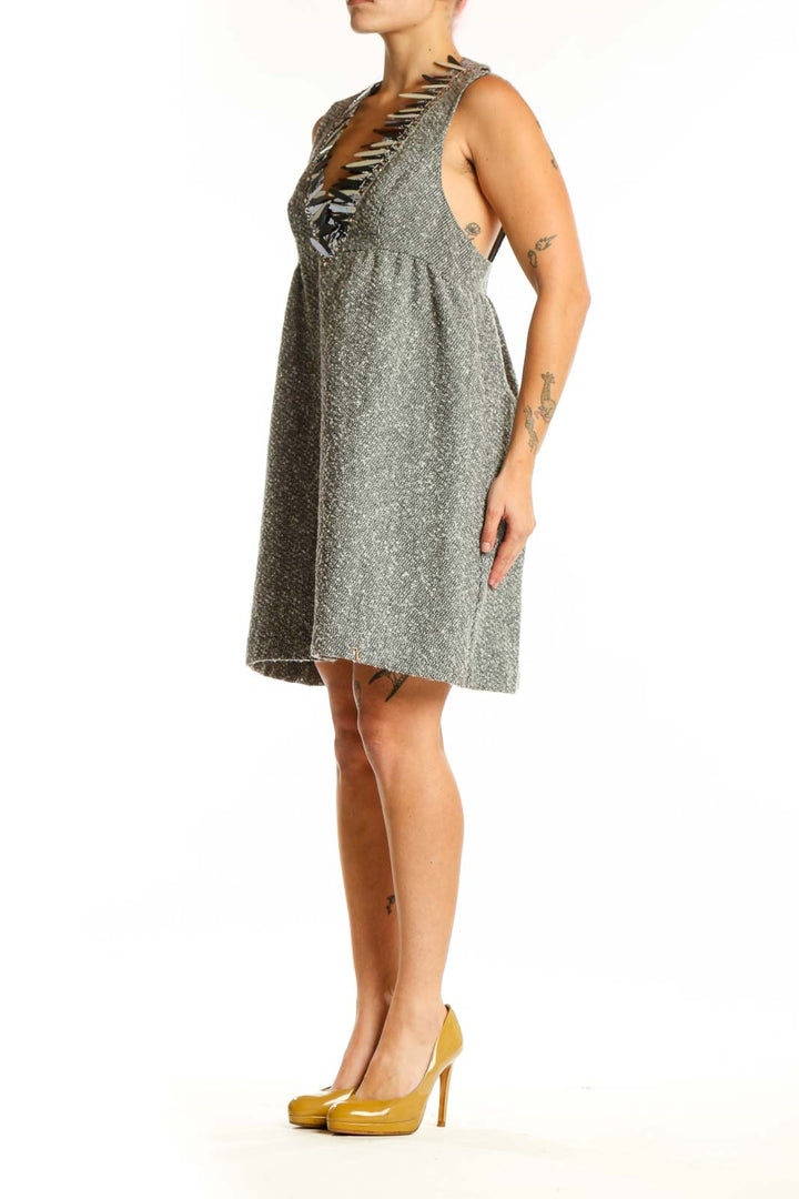 Anna Sui gray wool blend sleeveless dress with black ruffle V-neckline trim, front view