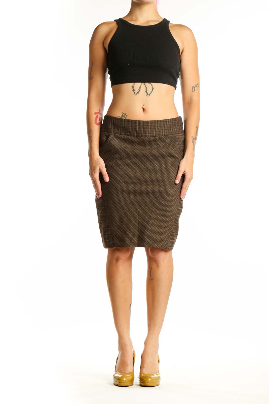 Brown quilted pencil skirt with ribbed waistband, front view on model