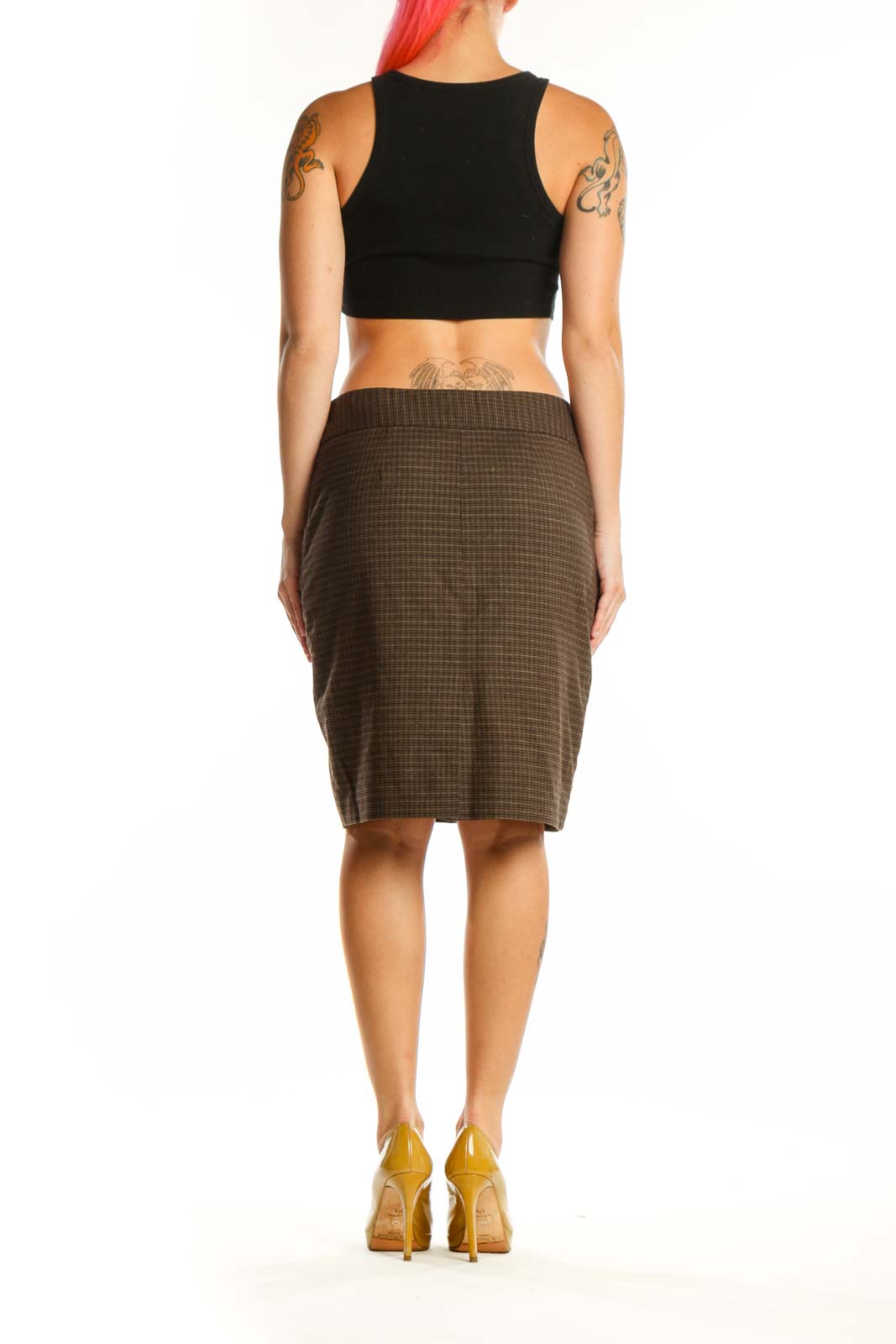 Brown quilted pencil skirt with ribbed waistband, back view on model