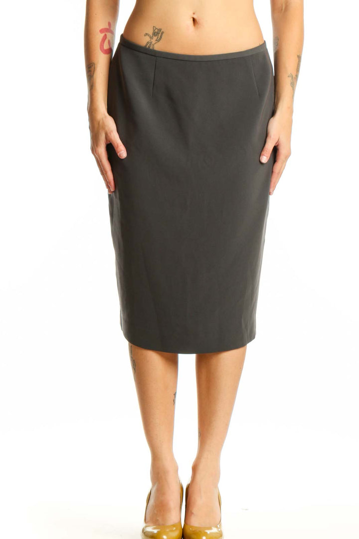 Black pencil midi skirt front view, Calvin Klein, size M with straight silhouette