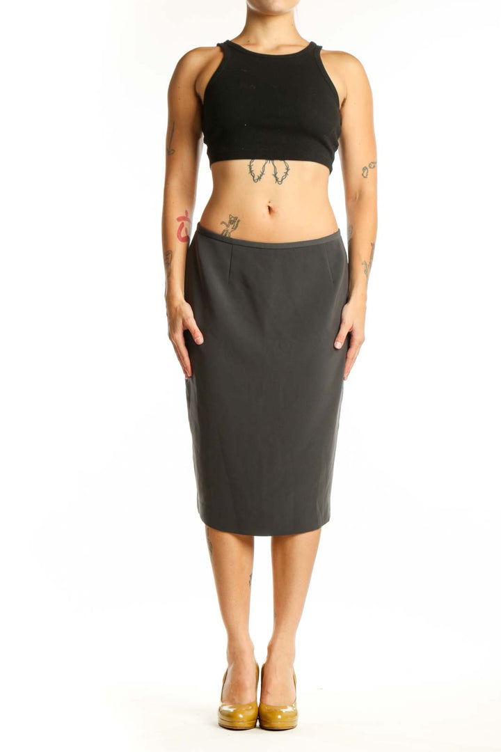 Black pencil midi skirt front view, Calvin Klein, size M with straight silhouette
