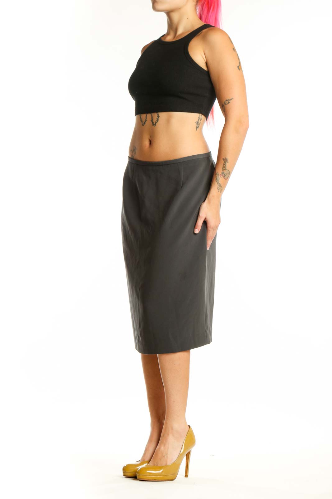 Black pencil midi skirt front view, Calvin Klein, size M with straight silhouette