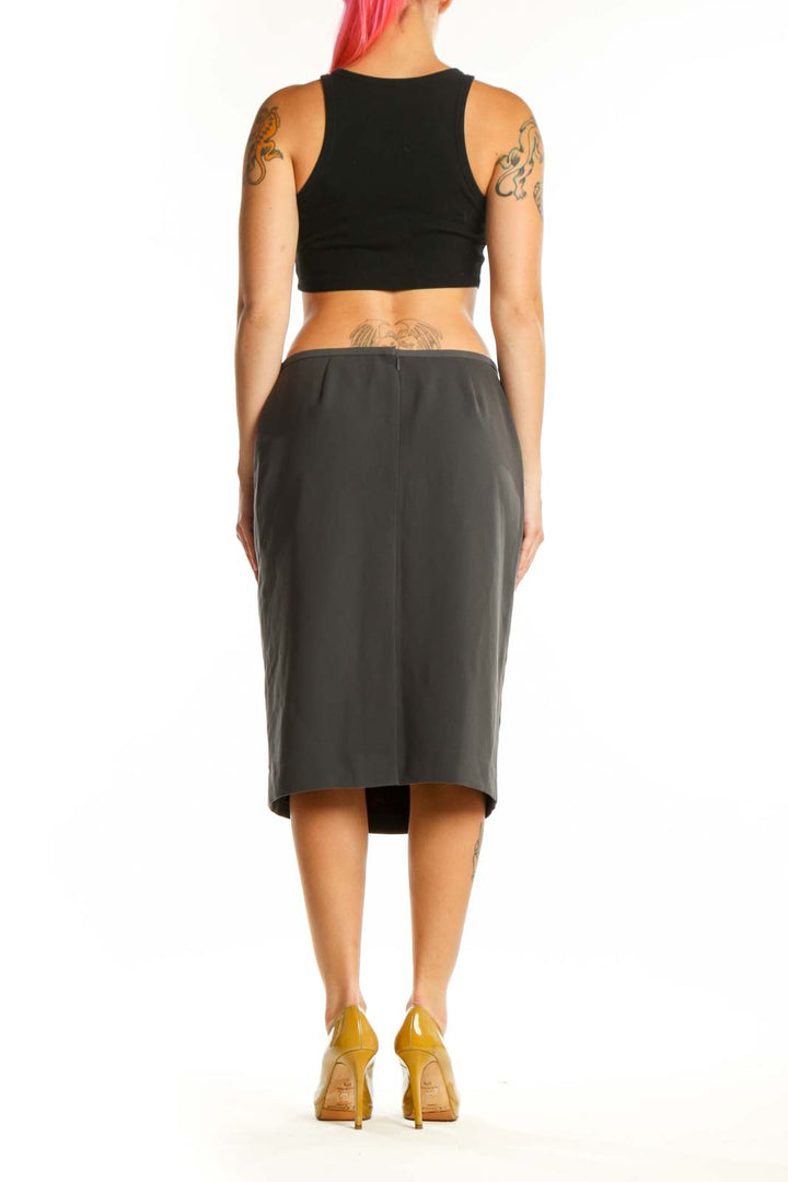 Black pencil midi skirt back view, Calvin Klein, professional style with flattering fit