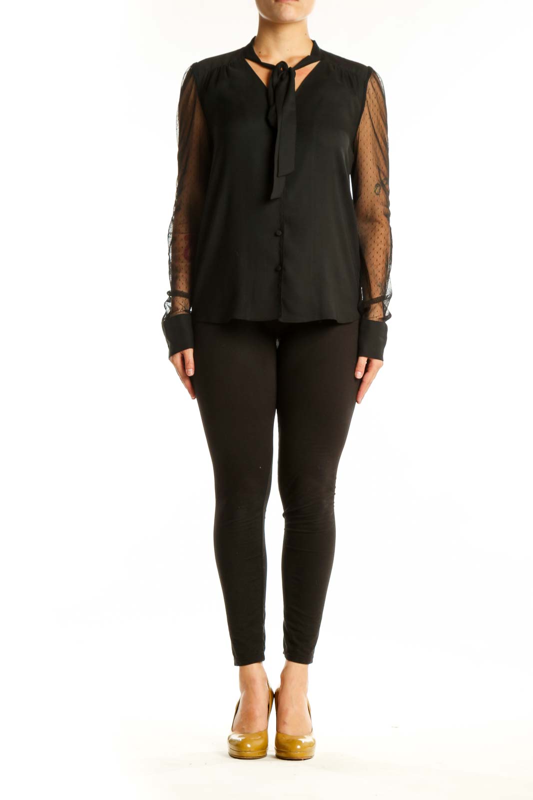 Black Ann Taylor blouse with lace sleeves and tie-neck detail, front view