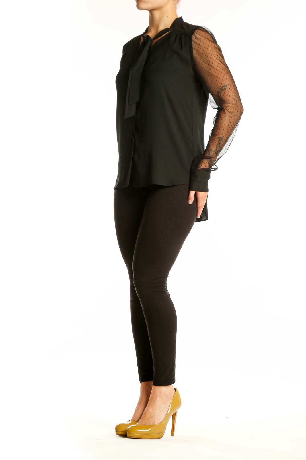 Black Ann Taylor blouse with lace sleeves and tie-neck detail, front view