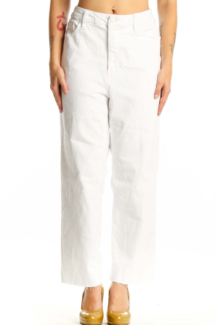 Good American white cropped denim jeans XXL front view, high-waisted straight leg fit