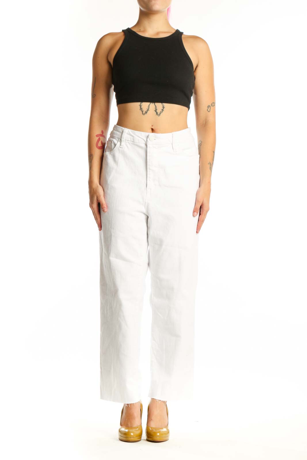Good American white cropped denim jeans XXL front view, high-waisted straight leg fit