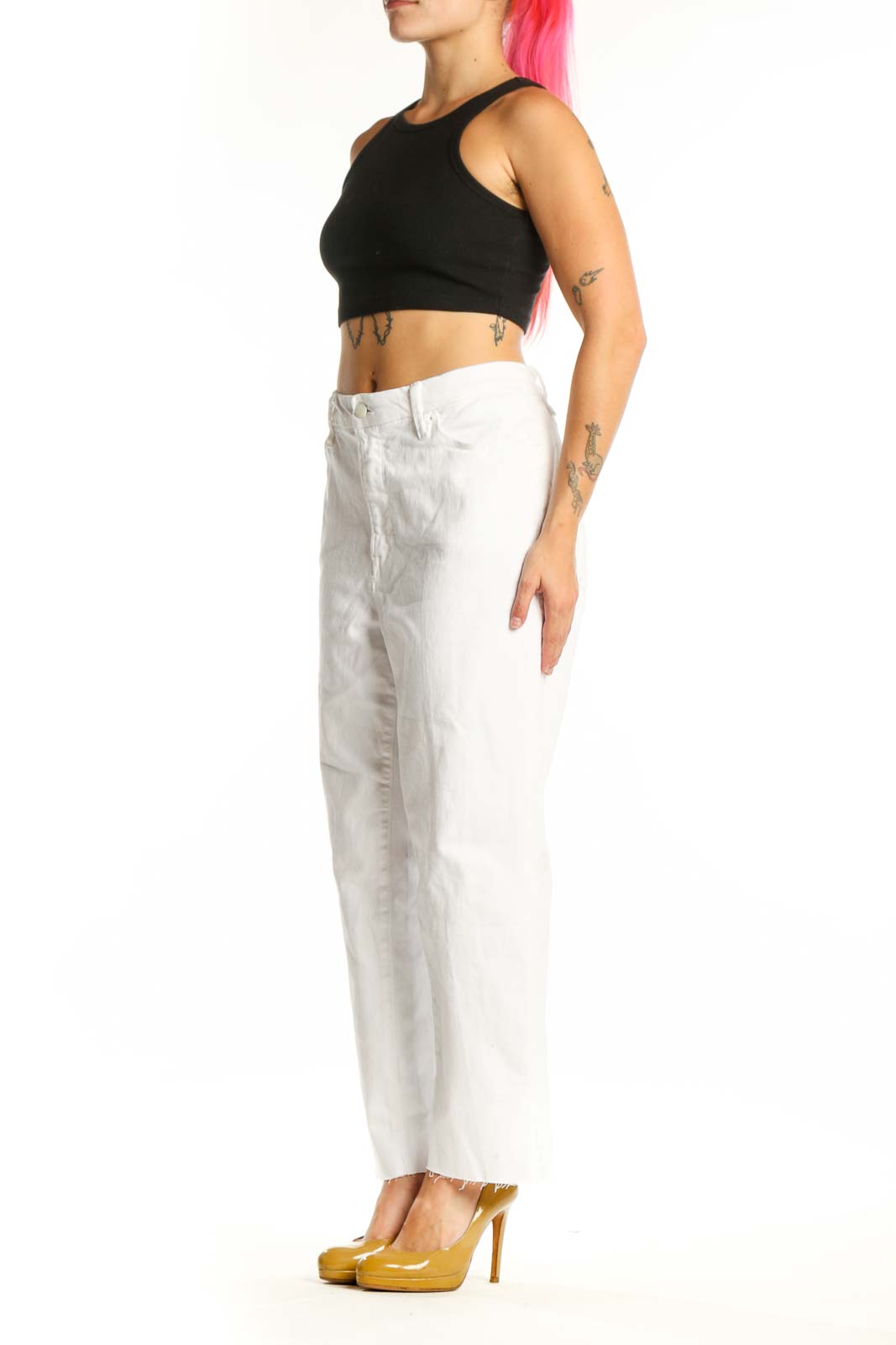 Good American white cropped denim jeans XXL front view, high-waisted straight leg fit