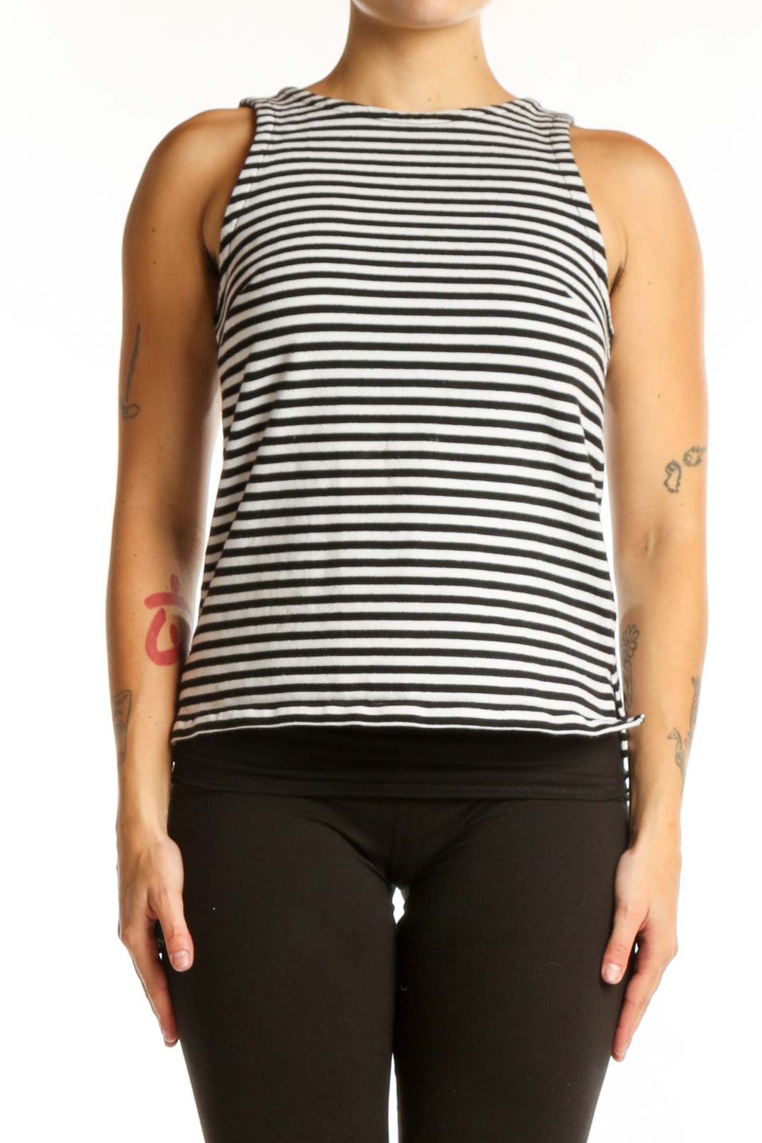 Navy and white horizontal striped cotton tank top with crew neckline, front view