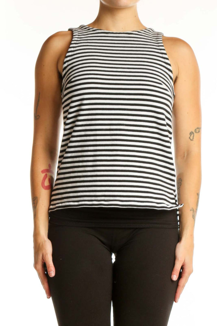 Navy and white horizontal striped cotton tank top with crew neckline, front view
