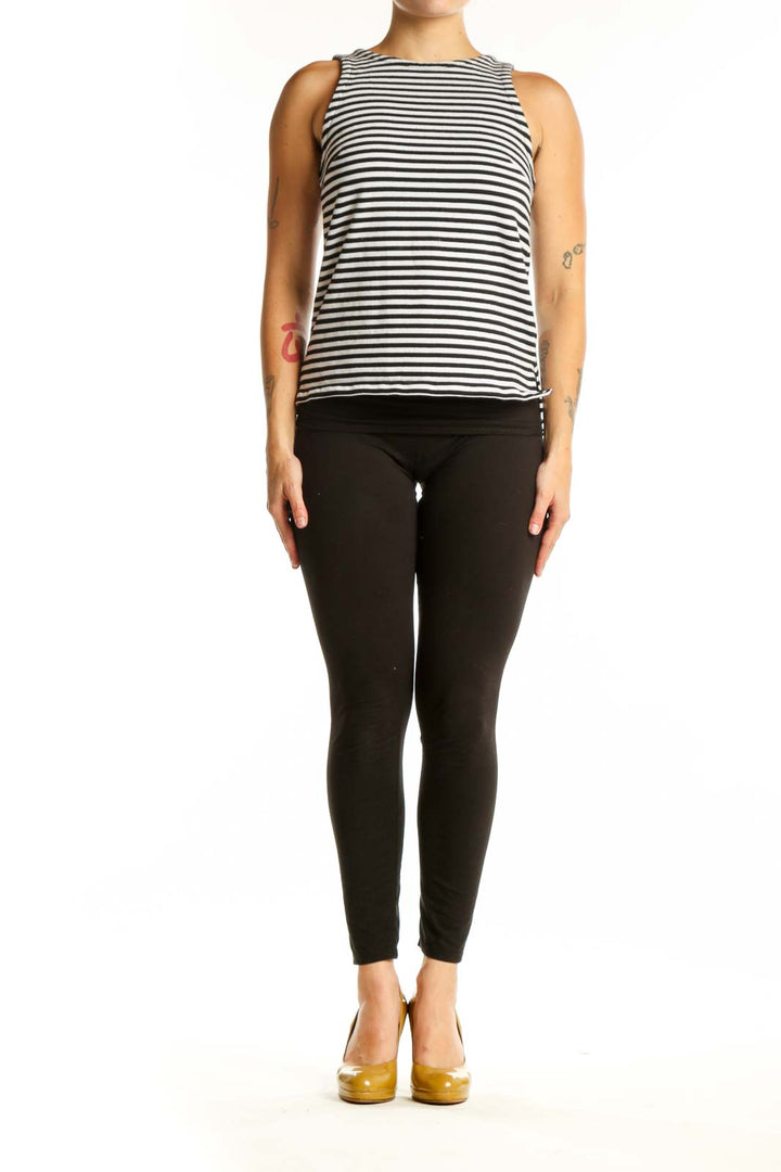 Navy and white horizontal striped cotton tank top with crew neckline, front view