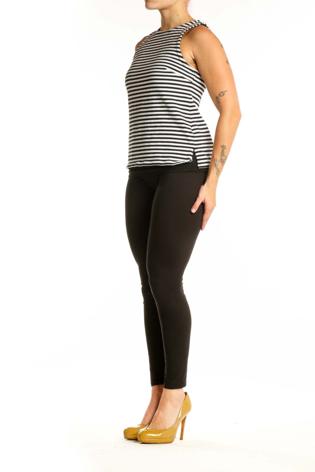Navy and white horizontal striped cotton tank top with crew neckline, front view