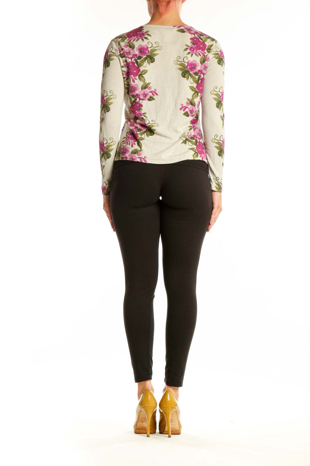 Back view of cream floral cardigan showing full botanical print design and fitted silhouette