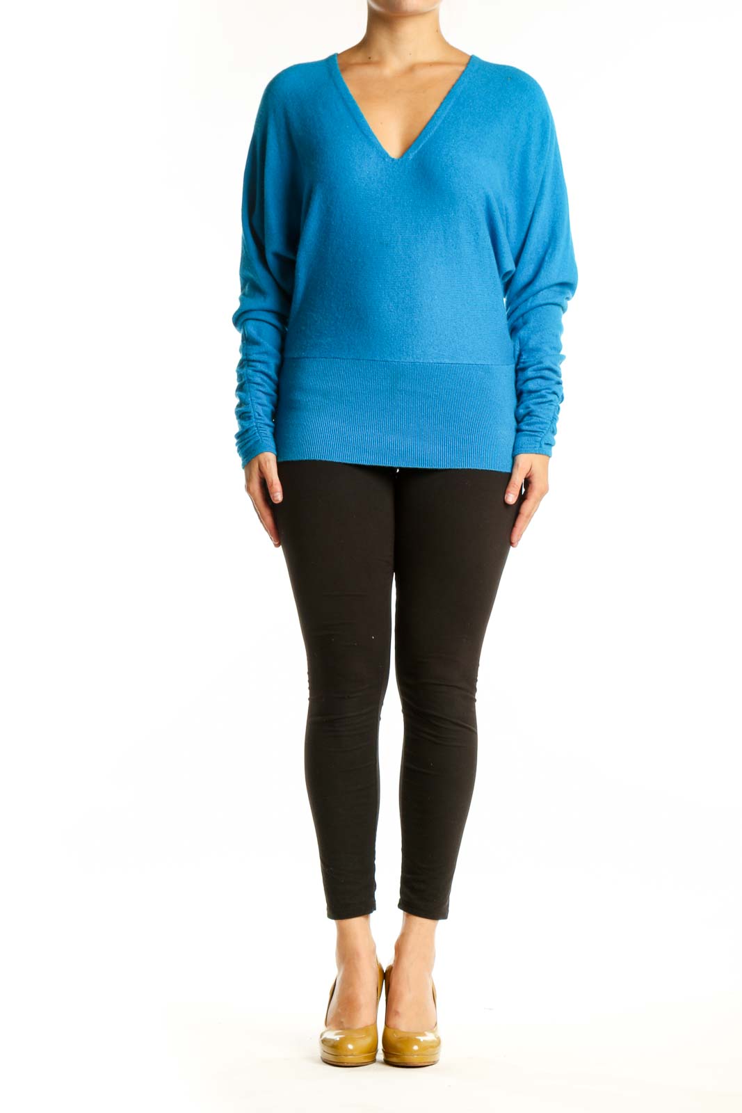 Blue V-neck cashmere blend knit sweater with ruched sleeves, front view on model