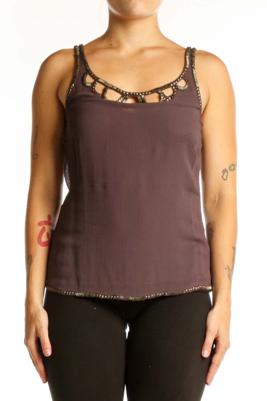 Burgundy beaded viscose tank top with scoop neckline and cutout embellishment detail, front view
