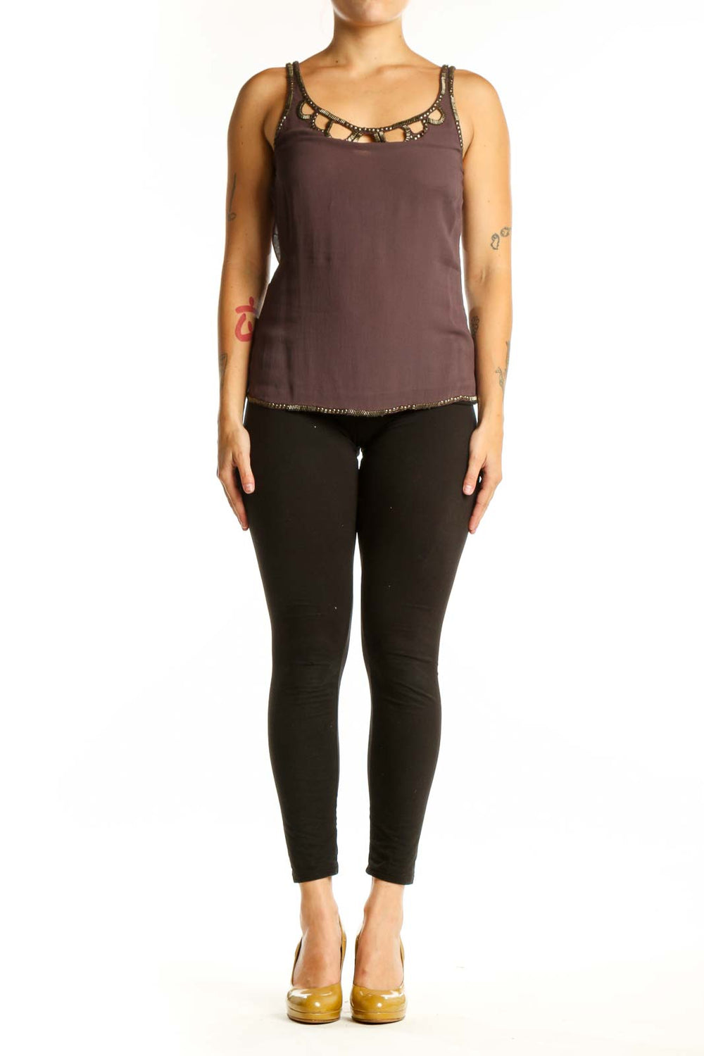 Burgundy beaded viscose tank top with scoop neckline and cutout embellishment detail, front view