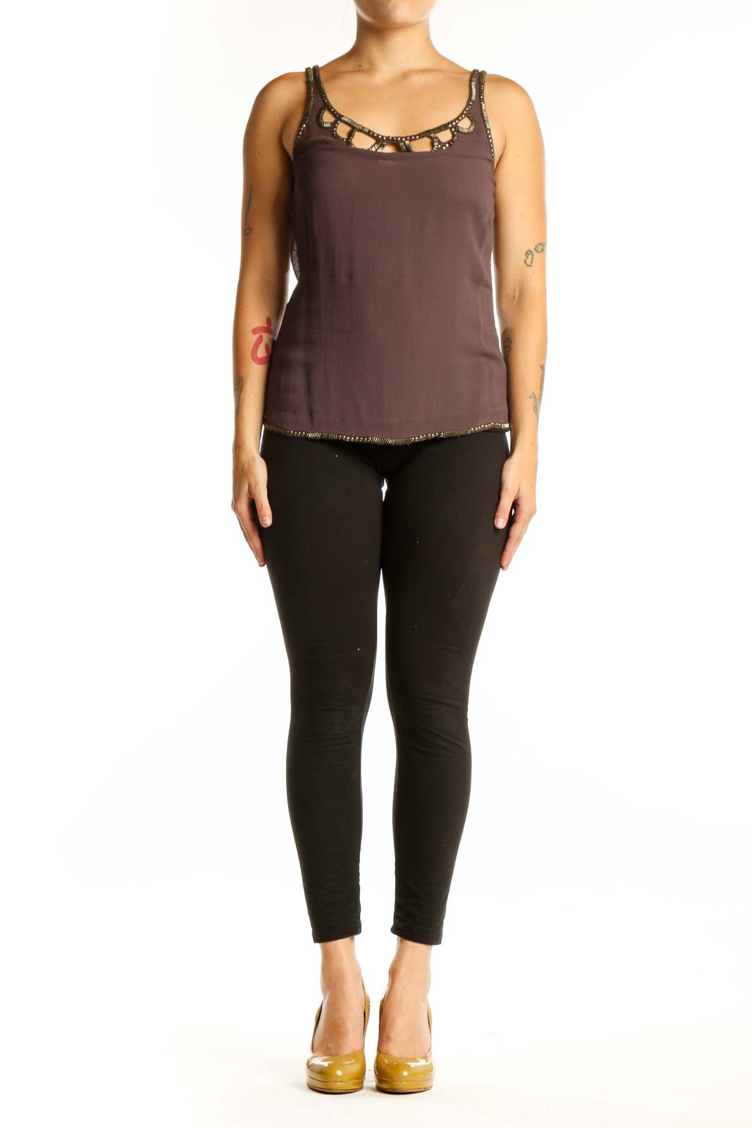 Burgundy beaded viscose tank top with scoop neckline and cutout embellishment detail, front view