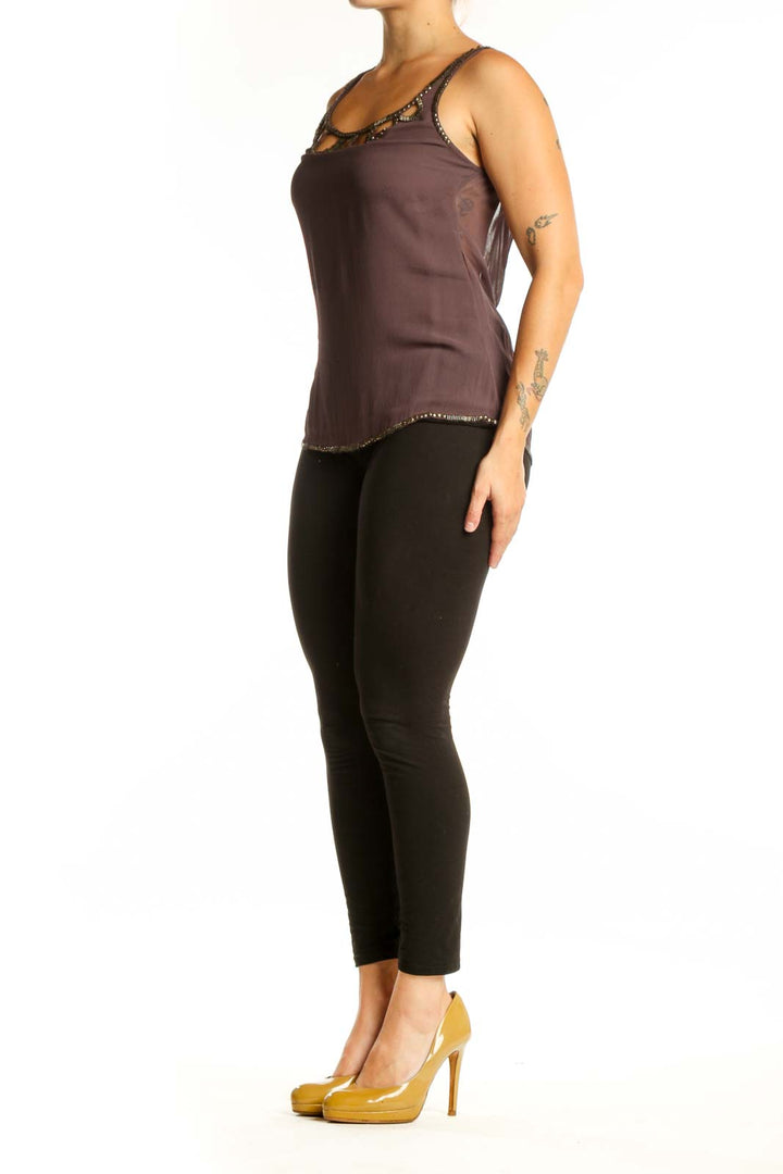 Burgundy beaded viscose tank top with scoop neckline and cutout embellishment detail, front view