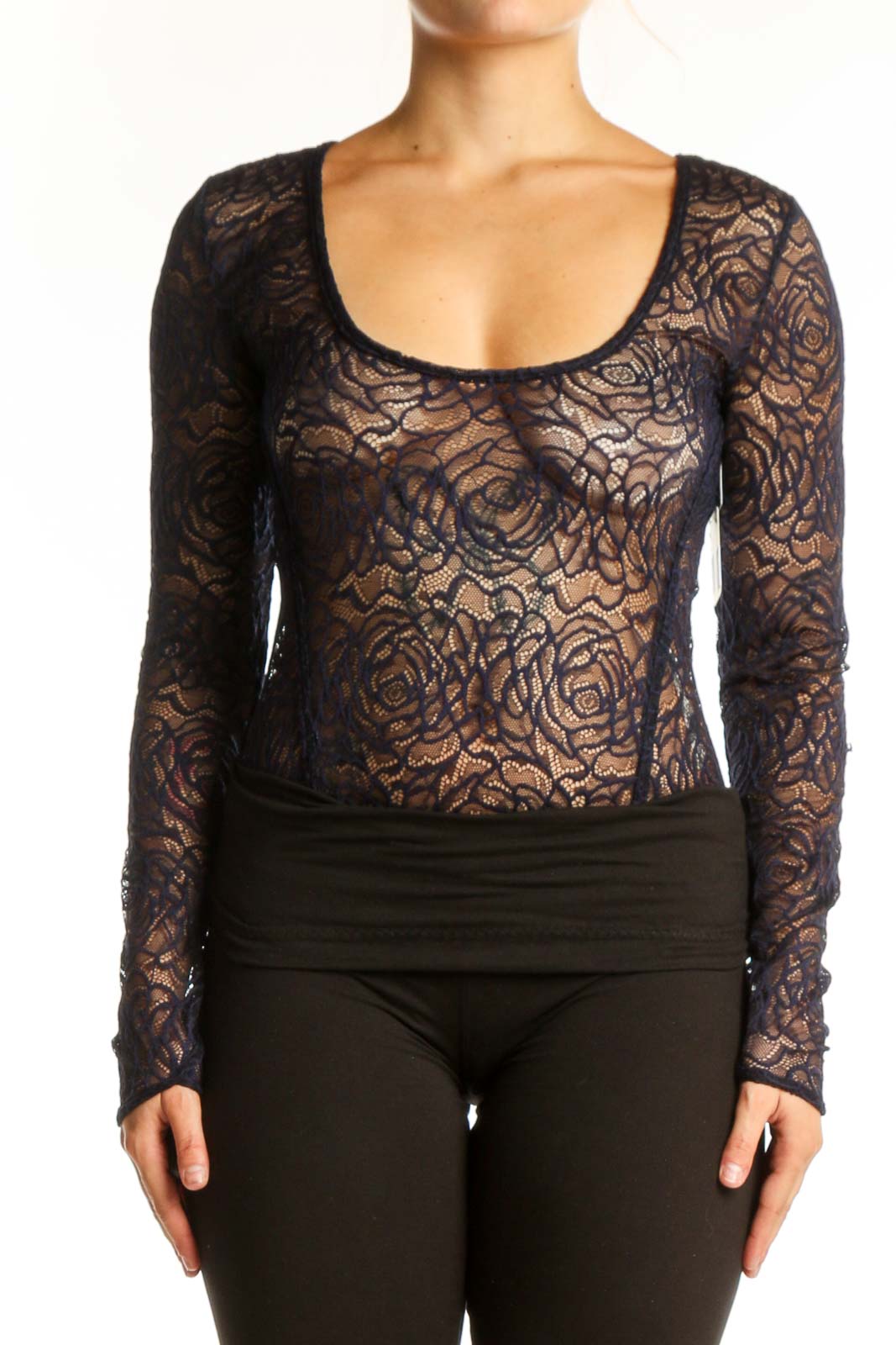 Black floral lace long sleeve crop top with scoop neckline, front view