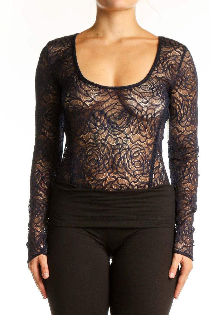 Black floral lace long sleeve crop top with scoop neckline, front view